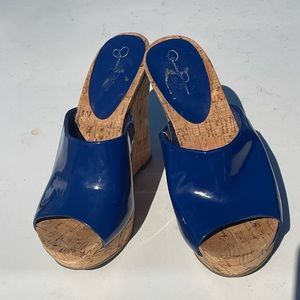 Jessica Simpson Royal Blue Gatty Cork Heel Wedge Slide In Mules Women Size 6.5 B